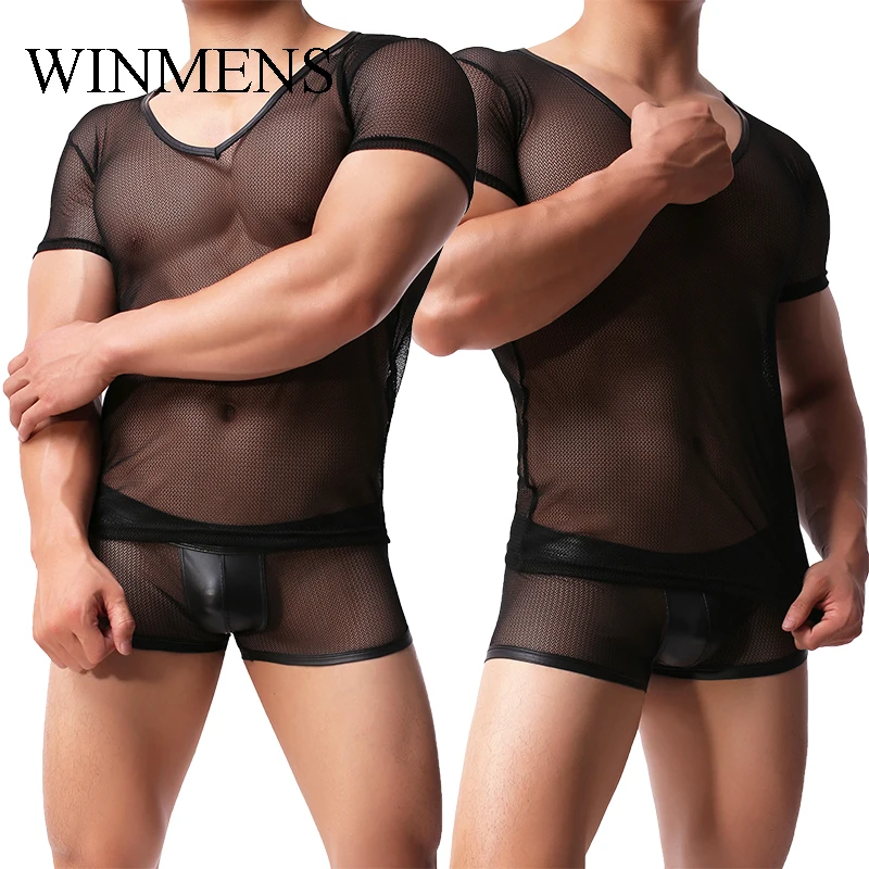 Men's Undershirt Black Mesh See Through Man Short Sleeve Cut-outs Breathable Sissy Sexy Tops V-neck Fitness Bodybuilding Shirts