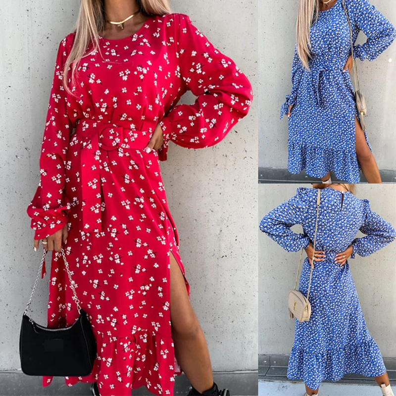 

Women's Spring And Autumn Dresses Fashion O Neck Printing Loose Tie Mid-waist Split Fork Ruffle Woman Long Sleeved Dresses 2022