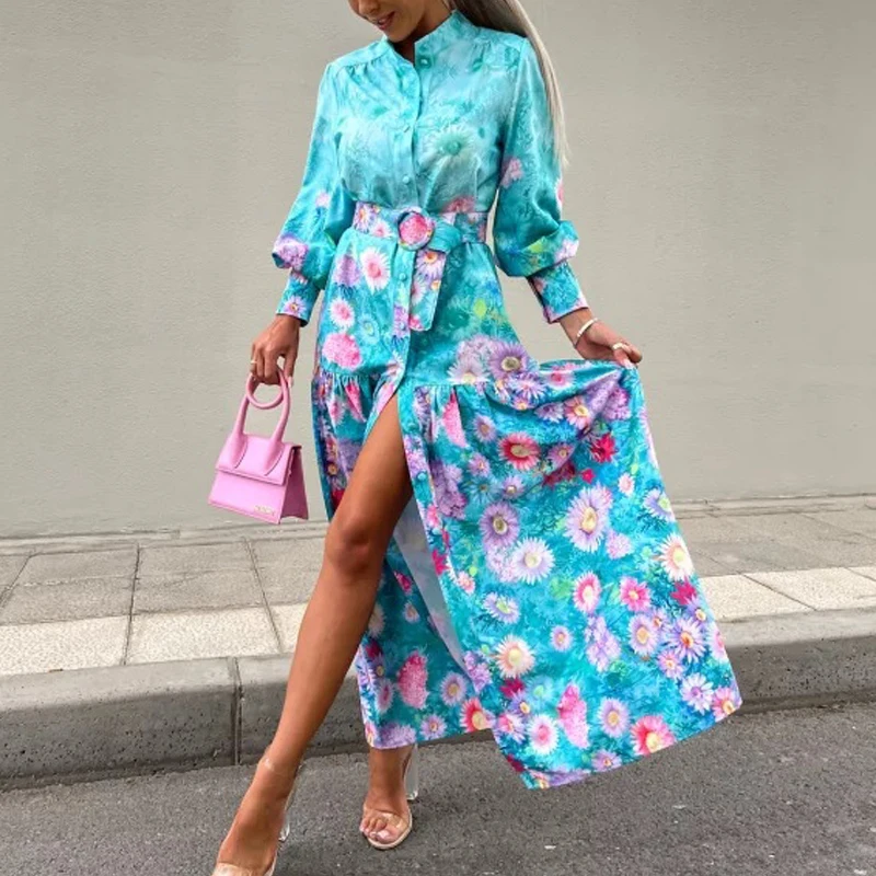 

Women Casual Pattern Print Long Shirt Dress Elegant Lantern Sleeve Boho Beach Dress Fashion Single-breasted Button Party Dresses