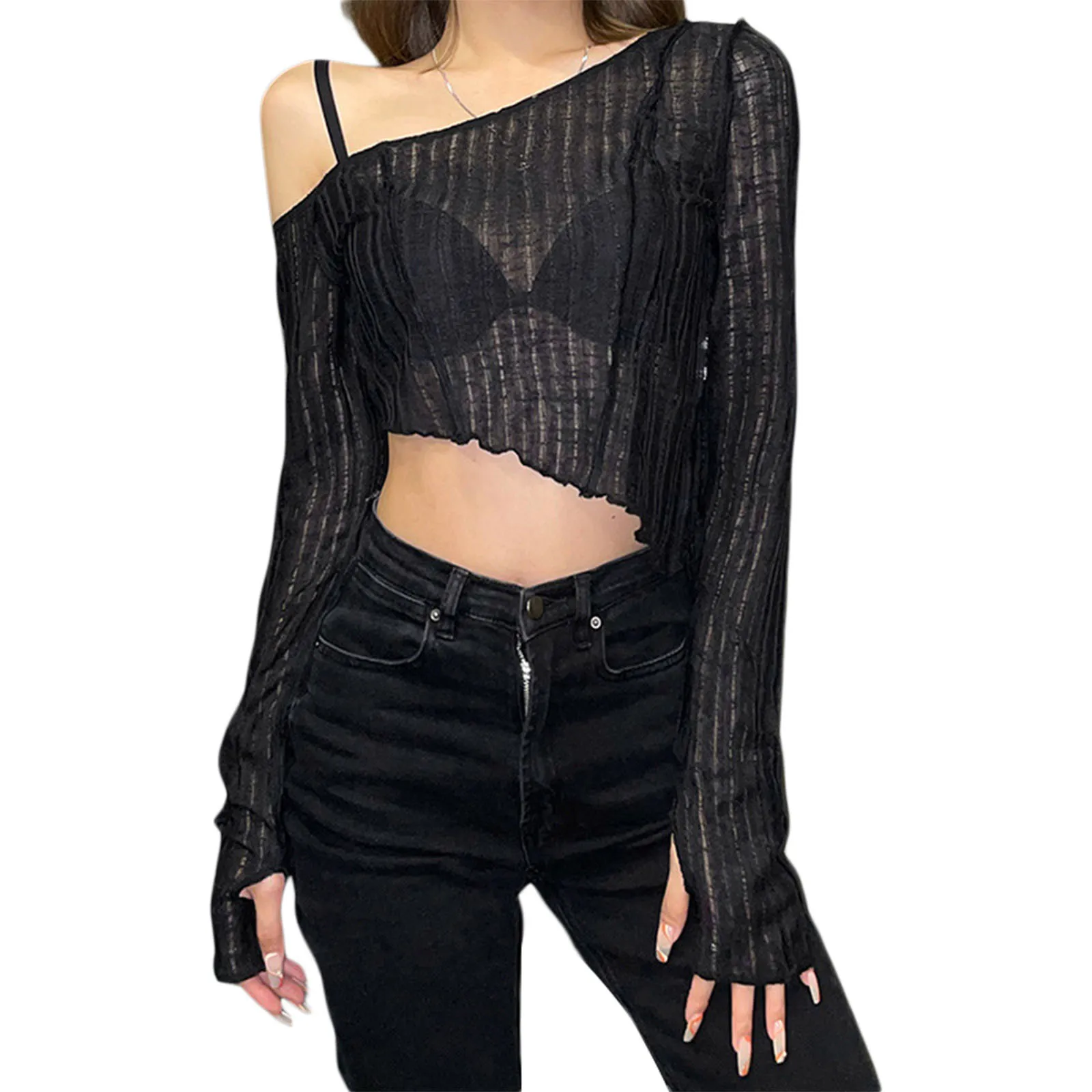 

Women Casual Tulle Long Sleeve T-shirt Fashion Solid Color Oblique Shoulder Irregular Exposed Navel Tops