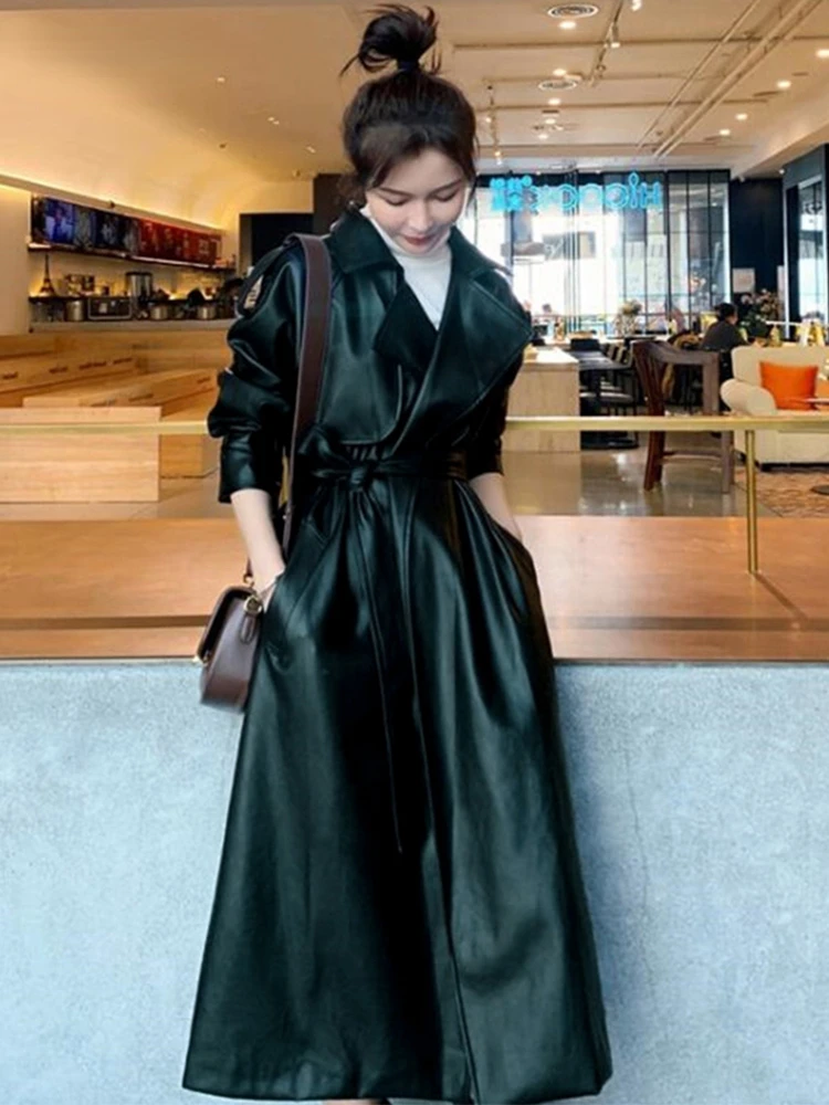 Nerazzurri Spring Black Oversized Long Waterproof Leather Trench Coat for Women Long Sleeve Loose Korean Fashion Clothing leathe