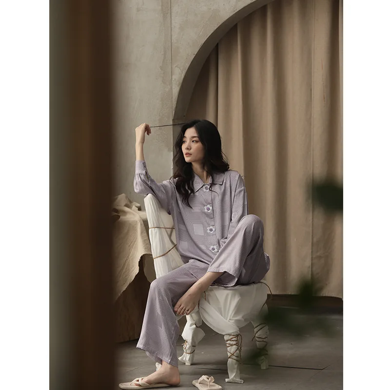 Purple Color Women's Sleepwear Spring Autumn Pyjamas Set Satin Silk Jacquard Satin Pajamas Set Two Pieces Long Sleeve Night Wear