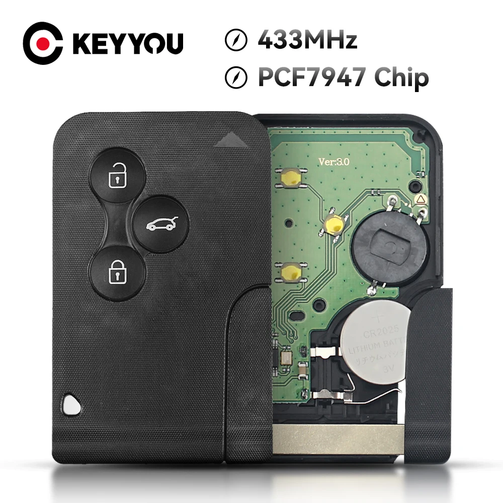 KEYYOU 3 Button Smart Card Key 434Mhz ID46 PCF7947 Chip For Renault Clio Logan Megane 2 3 Scenic Remote PCB Car Key Card Key