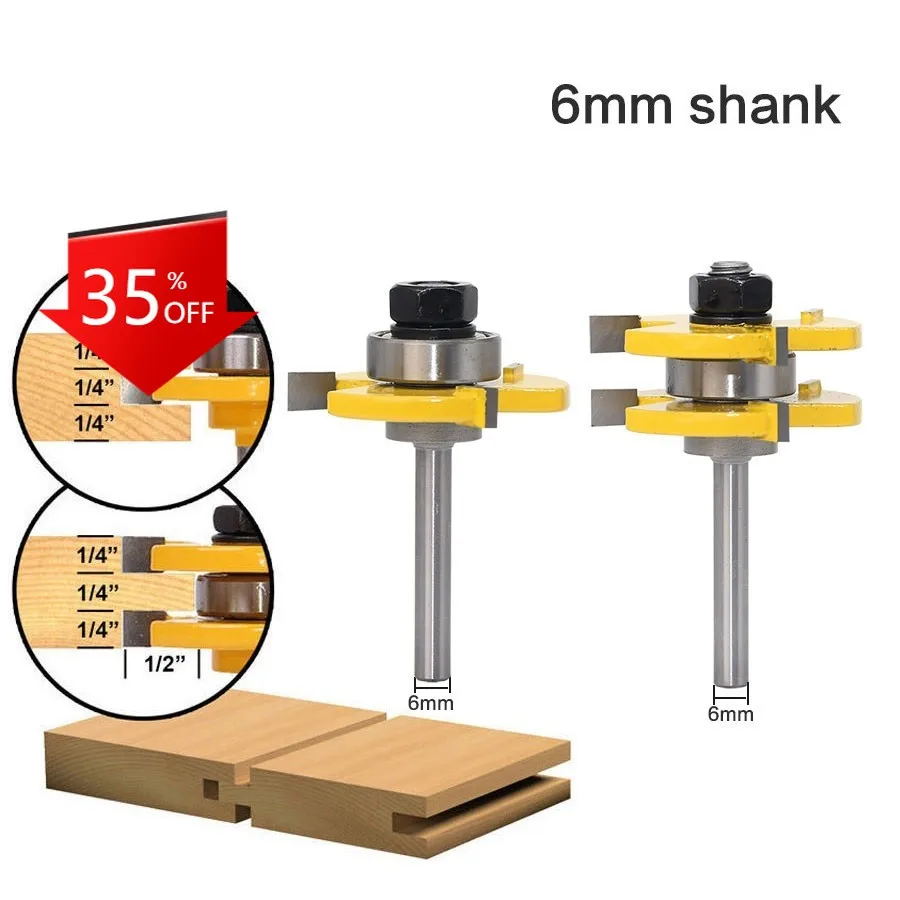 

2Pcs Router Bit 3 Teeth 6mm Shank Carbide Steel Cutter Tongue And Groove