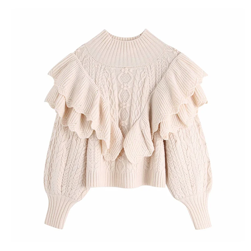 

Fashion Vintage High Neck Warmth Female Pullovers Chic Ruffled Cropped AutumnTops Women Winter Lantern Sleeve Knitted Sweater