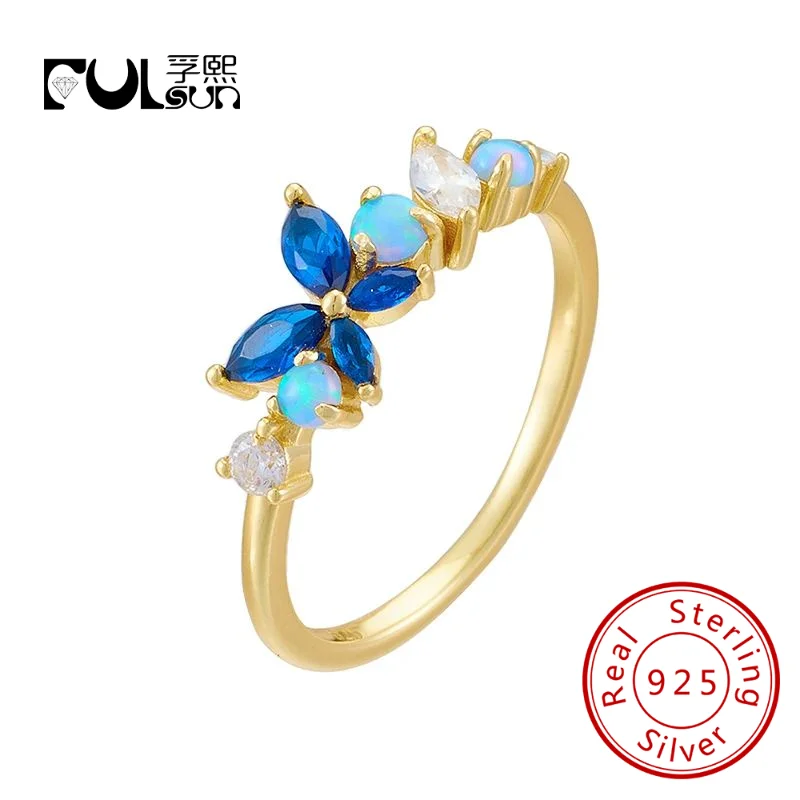 

Opal Sapphire Butterfly Flower Cluster Setting Zirconia 925 Sterling Silver 14k Yellow Gold Plated Ring for women