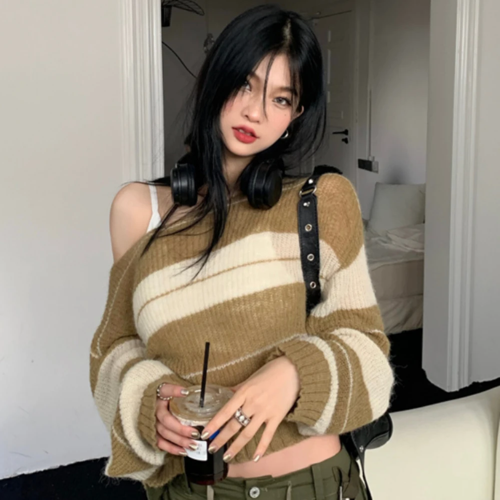 

Strapless Striped Sweater Autumn and Winter Y2K Knitted Sweater Korean Version of The Sexy Pullover Sweater Ladies Sweater