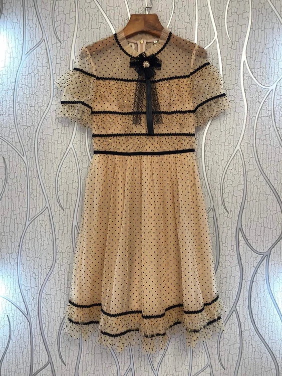 

2022 new women fashion short-sleeved stand-up bow tie mesh polka dot waist fairy fan slim dress 528