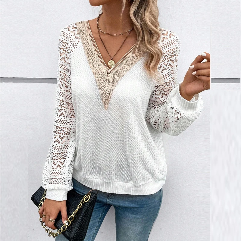 

Casual White Blouse Loose Tops Autumn Long Sleeve Shirt Elegant Fashion Hollow Out Blouse V-Neck Lace Spliced Shirt Blouse 28410