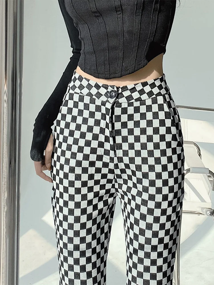 

WOMEGAGA 2022 New Fashion High Street Slim Straight Flared Pants Retro Black And White Chessboard Design Side Slit Women's JDJ4