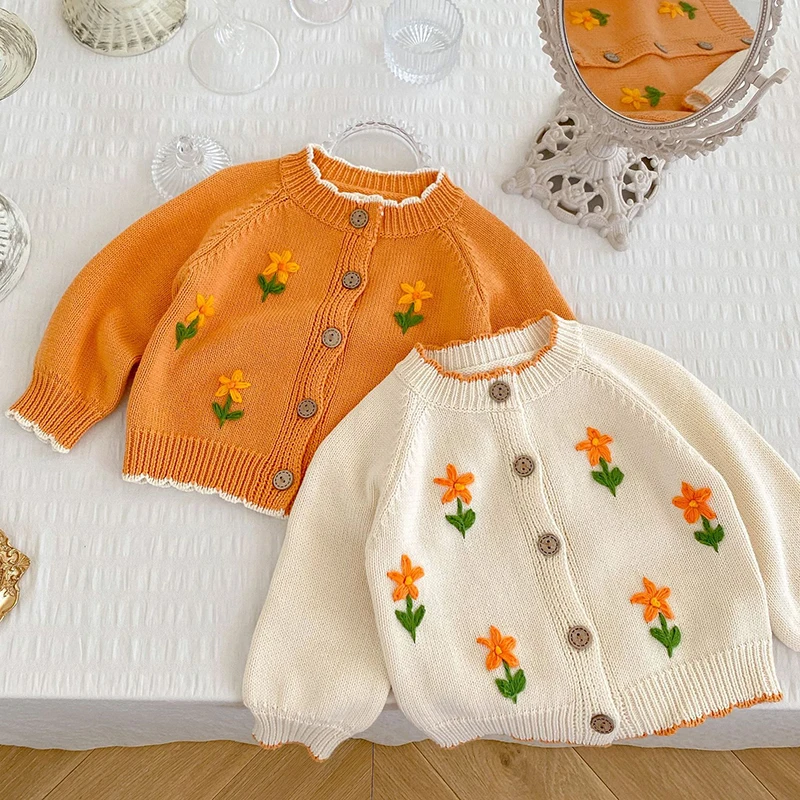 

0-3Yrs Sweet Baby Girls Long Sleeve Flower Knitted Cardigan Coat Kids Baby Girls Sweaters Autumn Cardigan Coat