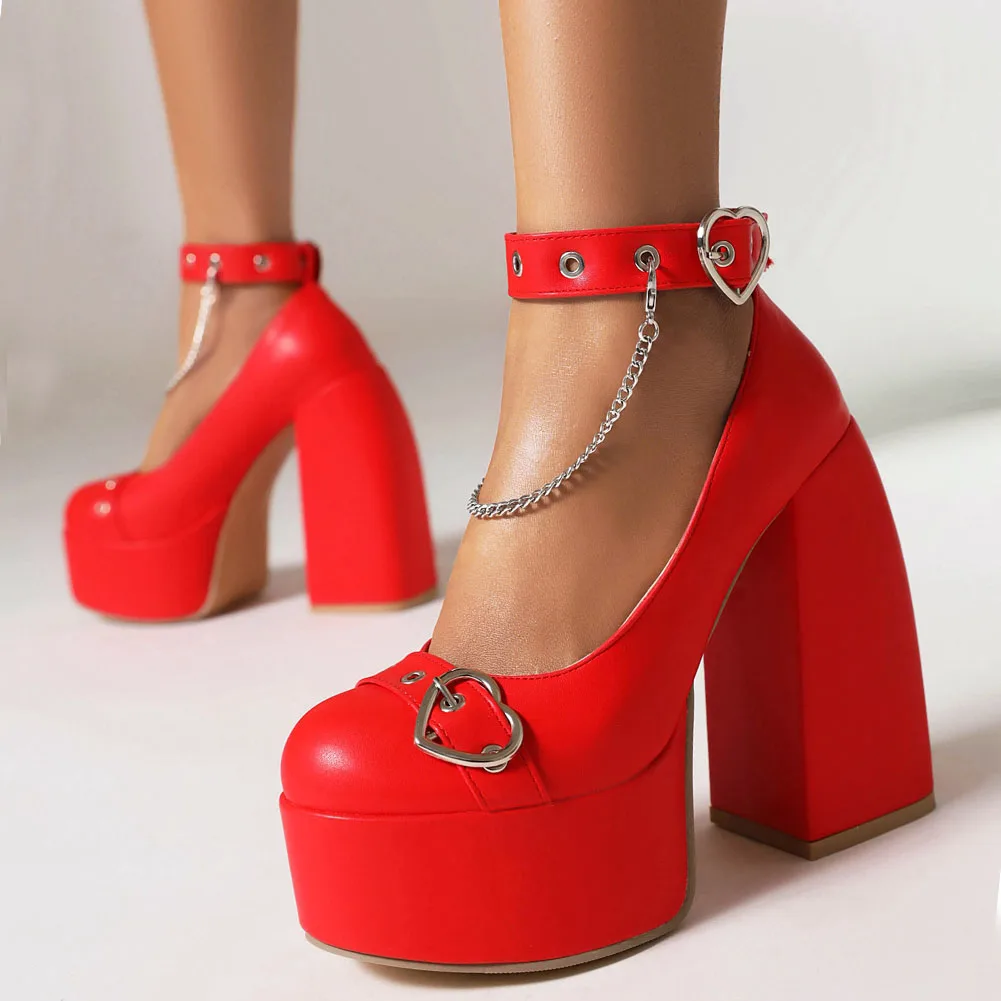 Brand Design Ladies Platform Pumps Fashion Heart Buckle Chain Thick High Heels women's Pumps Party Office Sexy Shoes Woman