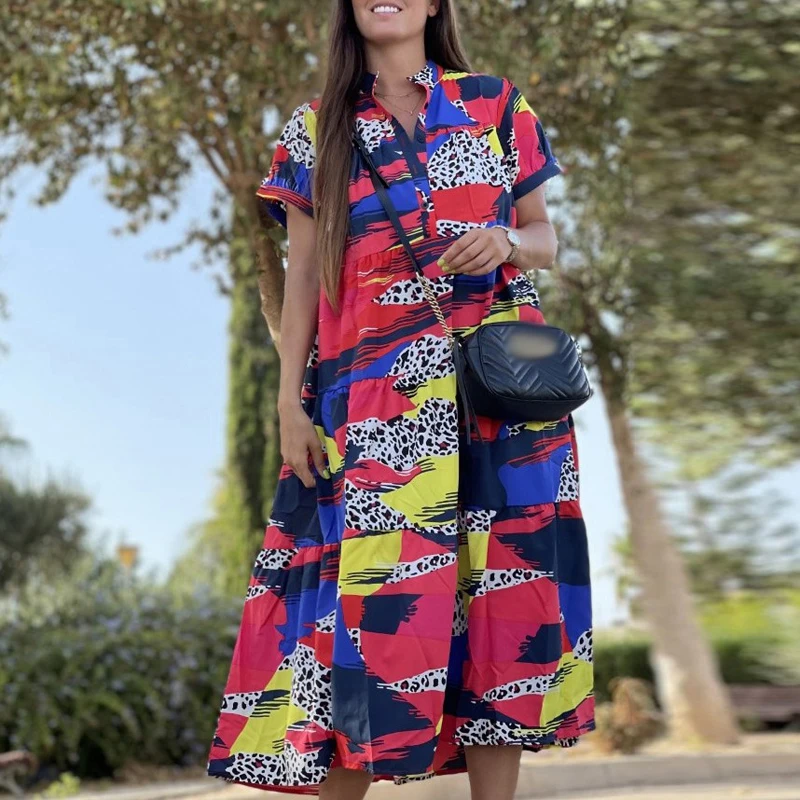 

Women Clothing Holiday Dresses 2023 Summer Loose Shirt Short Sleeve Printed Dress Fashion Beach O-Neck Button Swing Long Dress