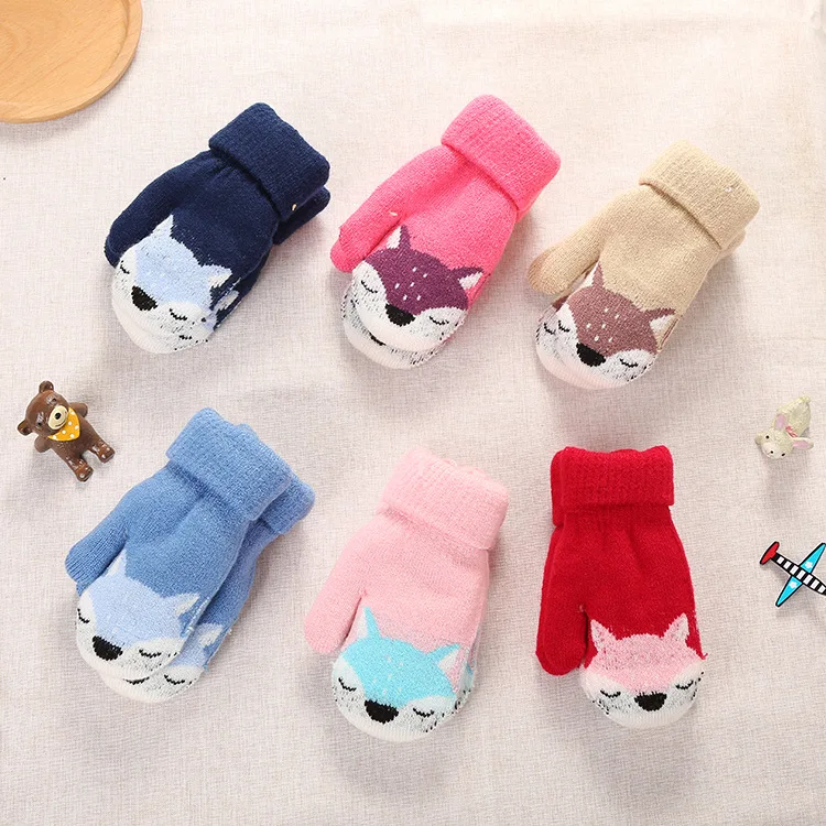 

3-6Y Kids Winter Knitte Gloves Cartoon Fox Warm Rope Full Finger Mittens Gloves for Boys Girls Children Toddler Kids Accessories