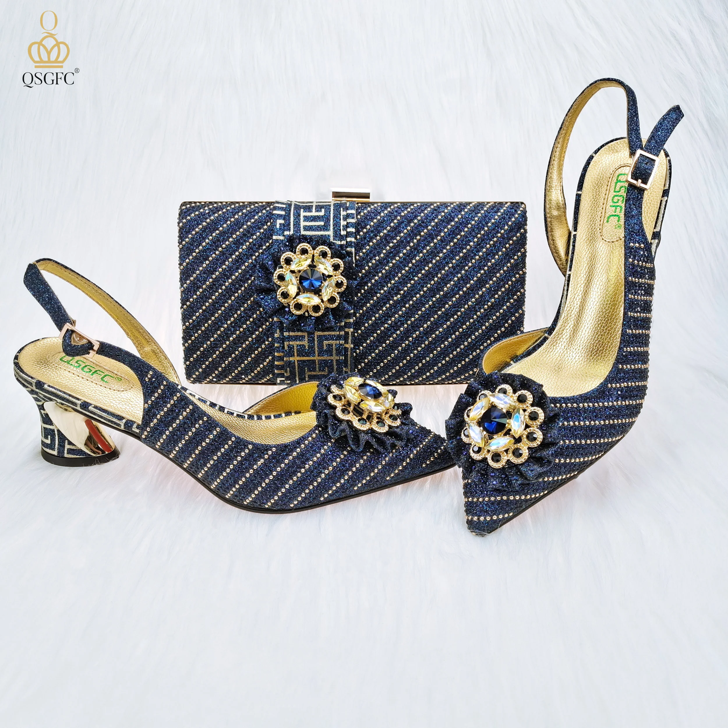 

QSGFC Latest Navy Blue Color Atmospheric Low-key Luxury Pattern With Rhinestones Party Ladies shoes And Bag Set