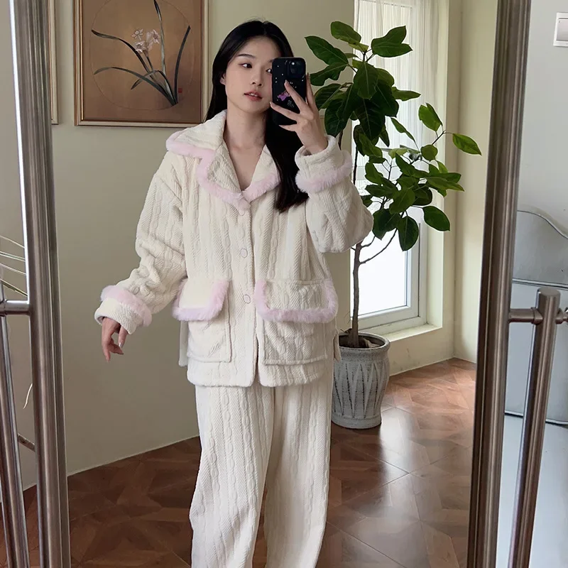 

Женский фланелевый пижамный комплект, зимняя теплая однобортная пижама с длинными рукавами и отложным воротником, милая элегантная плотная Пижама