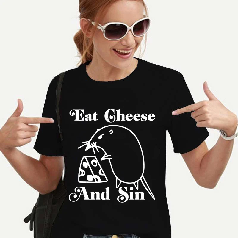 

Eat Cheese and Sin Print T-shirts Funny Mouse Rat Women Tops Cheese Retro Vintage Graphic Tees Female Cartoon Clothes Y2k Grunge