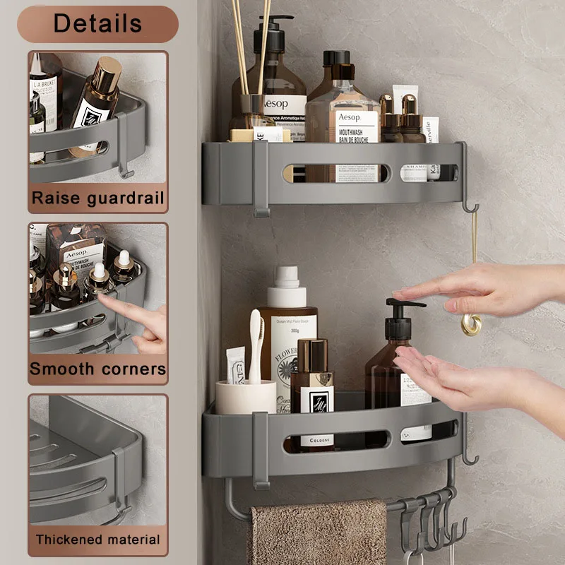 Угловая душевая полка серого цвета для ванной комнаты алюминиевая настенная