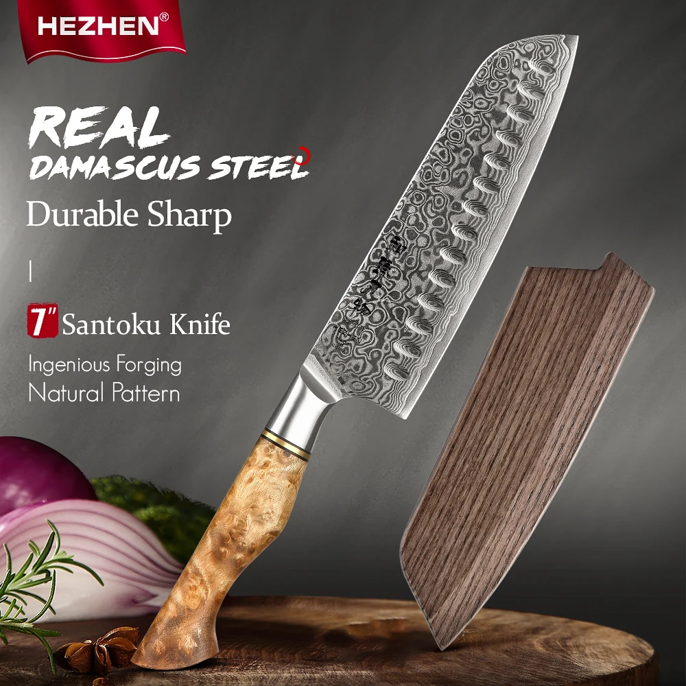 HEZHEN 7-дюймовый нож сантоку 67 слоев супер острый дамасский стальной высококлассный нож для мяса рыбы овощей кухонный нож