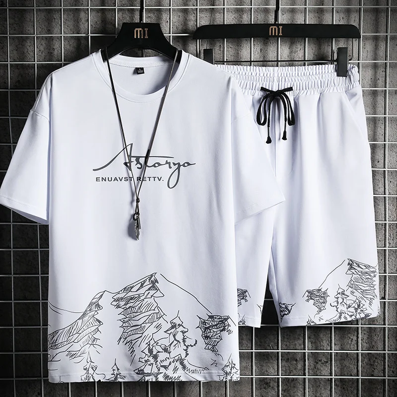 

Мужской комплект из футболки и шортов, летняя дышащая Повседневная футболка, комплект для бега, модный мужской спортивный костюм с принтом в стиле Харадзюку, новинка 2022