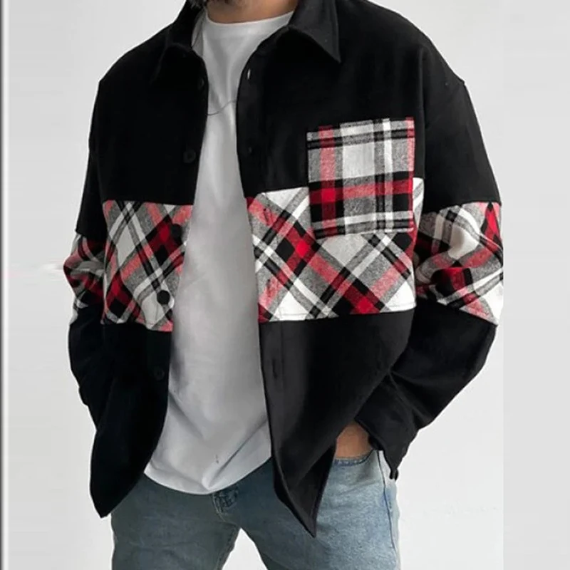 

Autumn Long Sleeve Mens Jackets Casual Winter Men Buttoned Lapel Cardigans Men Fashion Plaid Printed Stitching Coats Outerwear