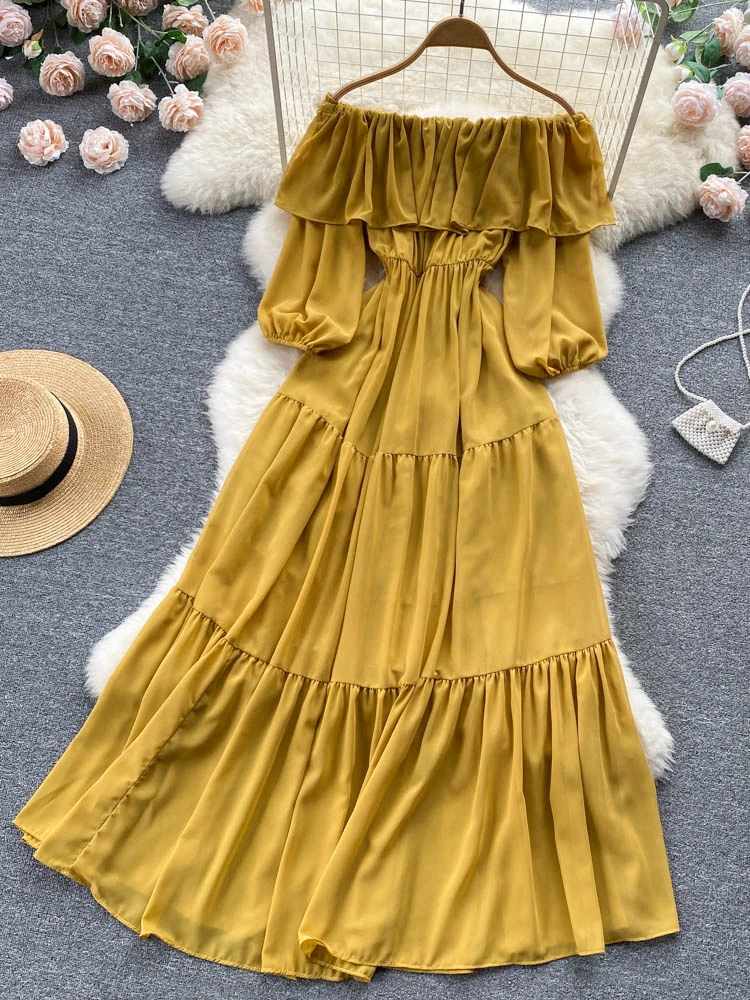 

Fitaylor New Summer Slash Neck Off Shoulder Dress Women Elegant Short Sleeve Long Dresses Lady Fashion Solid Color A-line Dress
