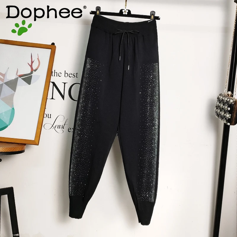 

2022 Spring Summer New Loose High Waist Ice Silk Hot Drilling Knitted Harem Pants Women's Black Ankle-Tied Skinny Casual Pants
