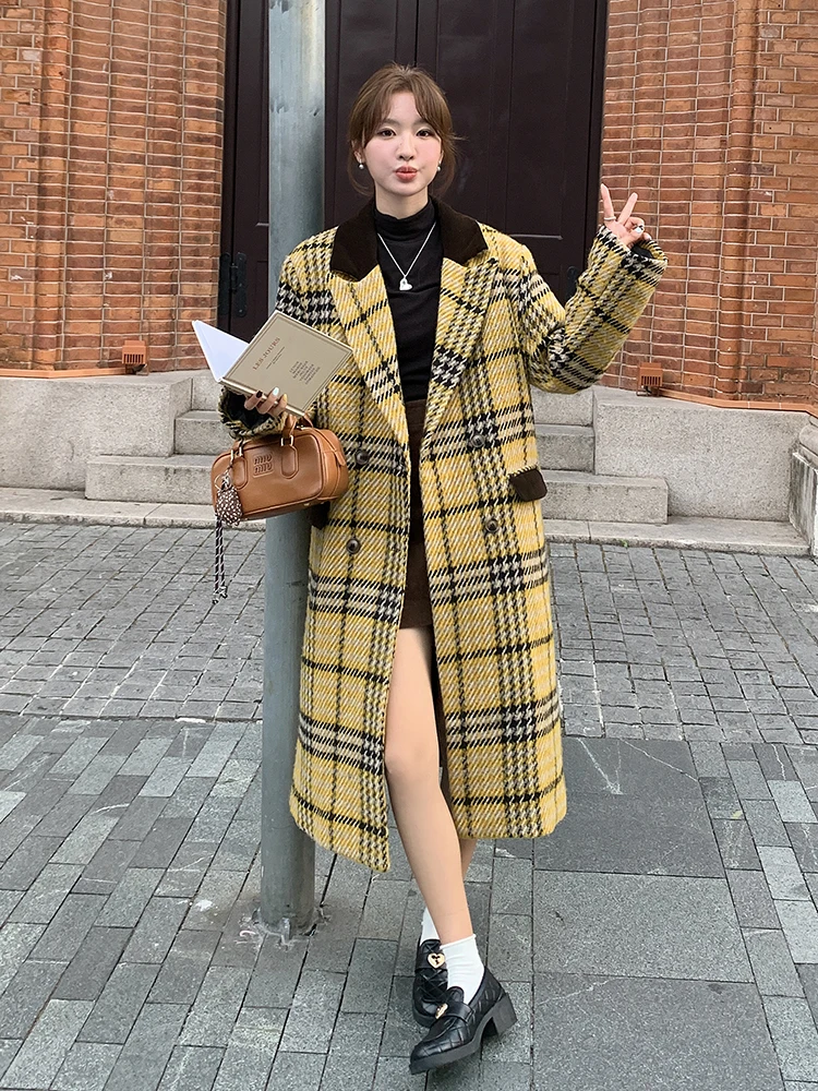 Super Nice Yellow Plaid Suit Woolen Thick Coat Women Autumn and Winter 2024 New Korean Series Mid-Length
