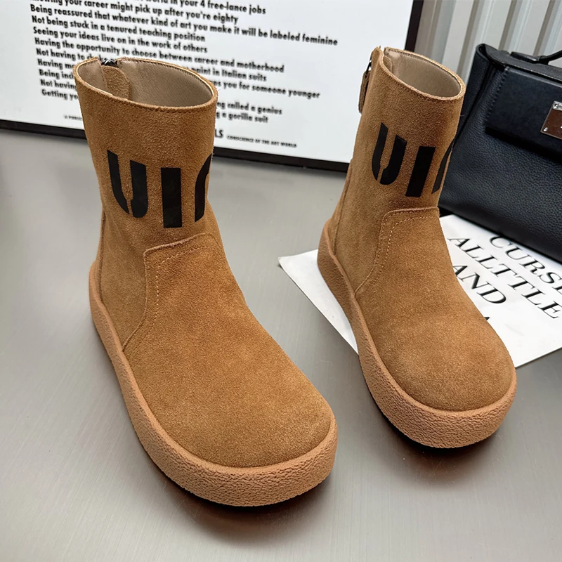 Замшевые женские ботильоны на плоской подошве и платформе зимняя повседневная