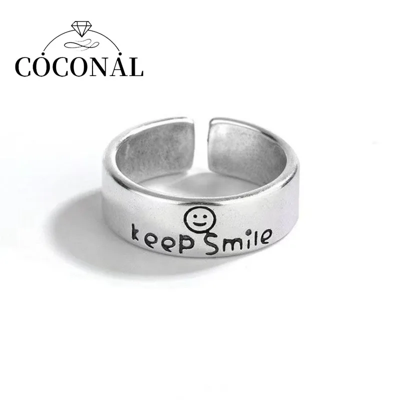 

Coconal Korea Trend Silver Color Fine Smile Ring Jewelry For Women English Letter Keep Smile Adjustable Ring Fashion Party Gifts
