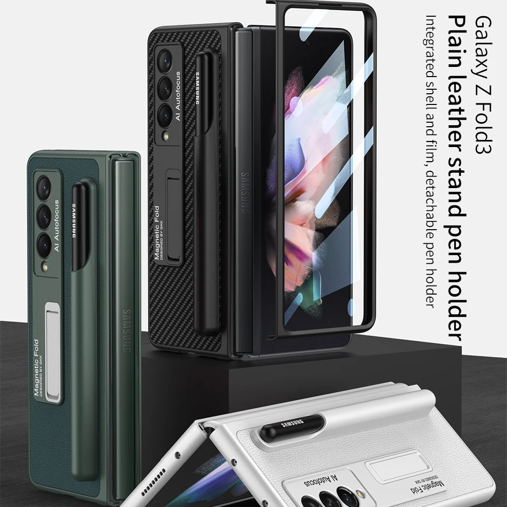 

Luxury Leather Phone Case with Pen Holder Magnetic Foldable Bracket for Samsung Galaxy Z Fold 3 5G W22 Slim Protective Cover