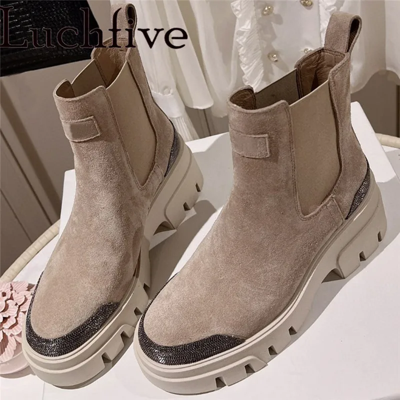 

Новинка Осень-зима 2022, высококачественные замшевые ботинки на платформе без шнуровки, короткие ботинки с круглым носком, Брендовые повседн...