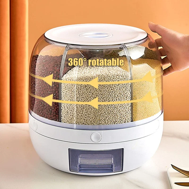 

Rice Sealed Box Cereal Dry Kitchen Tank 6-grid Food Storage Bucket Rotatable Container Storage Dispenser Round Separate Grain