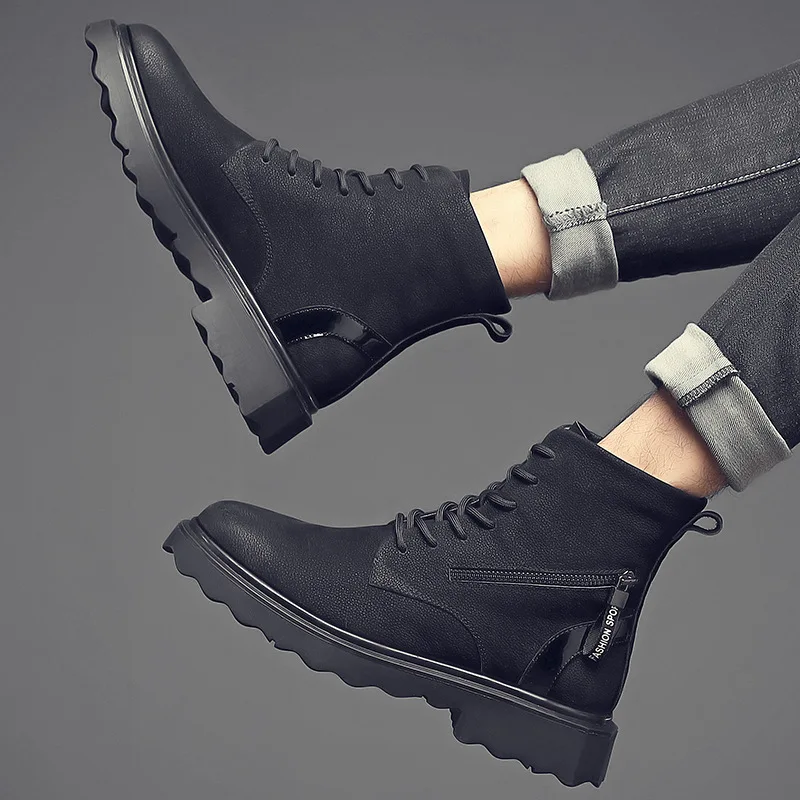 

2021 Winter New Leather Men's Shoes Trend All-Match Riding Boots British Style Warm Plus Velvet Cotton Shoes Men's Winter Boots