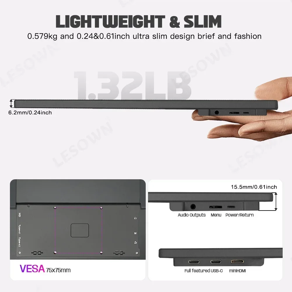 Портативный монитор LESOWN 13 3-дюймовый 4K USB-C HDMI IPS Touch 1920x1080 широкоэкранный