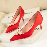 temperament female pumps nightclub sexy high heels shallow mouth pointed pearl crown rhinestone satin shoes