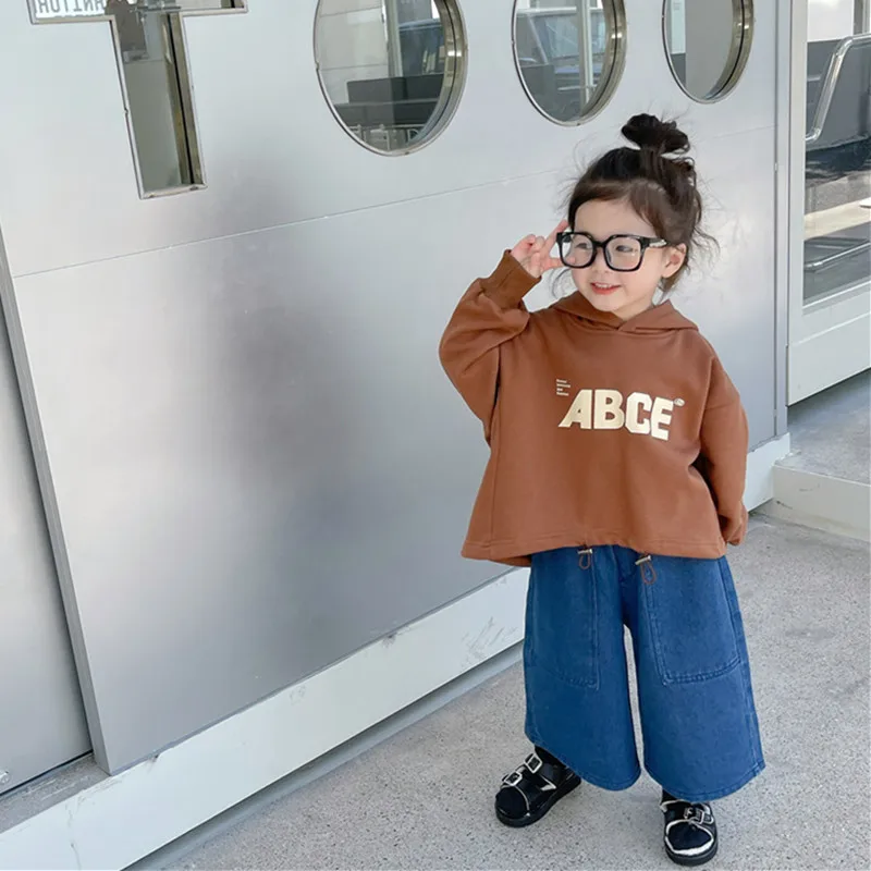 

2023 Spring Children's Clothing Sets Kids Letters Printed Hoodies Wide Leg Denim Pant Girls Outfit