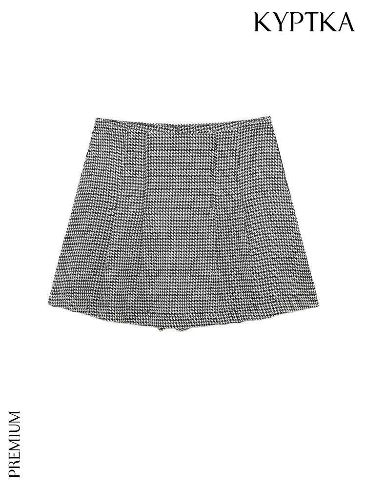 

KYPTKA Women Fashion Front Pleats Houndstooth Shorts Skirts Vintage High Waist Side Zipper Female Skort Mujer