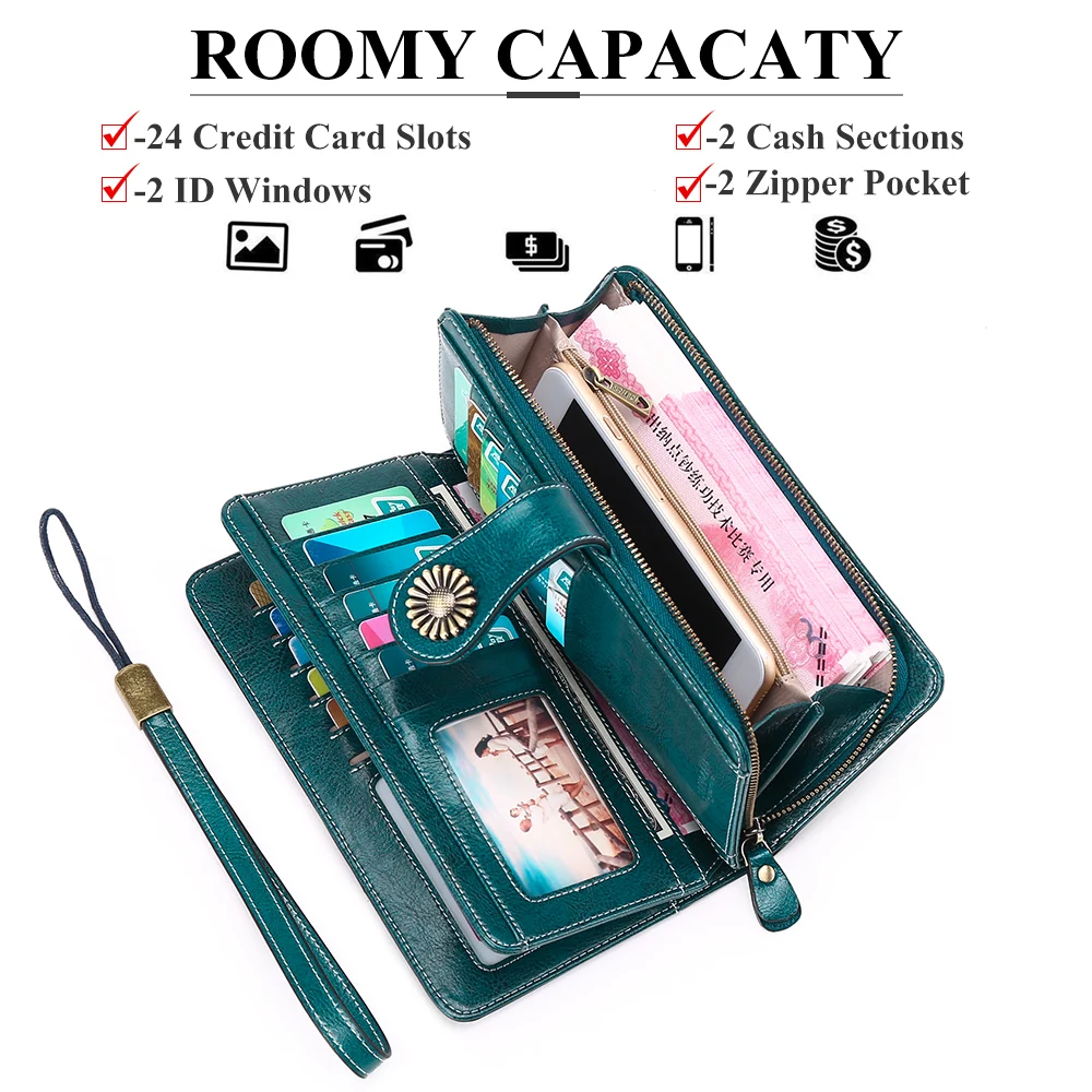 2023 Women Wallets Large Capacity Long Purses Female Zipper Coin Pocket Quality Genuine Leather Wallet Ladies Clutch Wrist Strap
