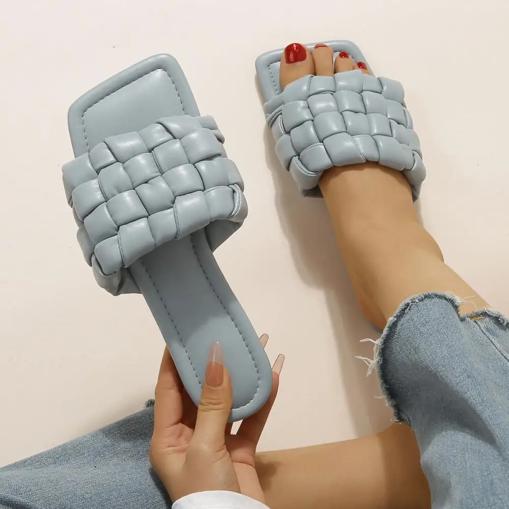 

Women's flat sandals square head one word sandals and slippers solid color plaid sand can be worn outside beach slippers