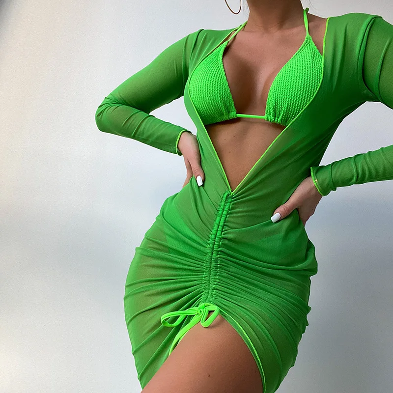

MYTENG Green Three-piece Set Bikini 2022 Mujer New Summer Triangle Cup Push Up Swimwear Women Beachwear Mesh Solid Swimsuit