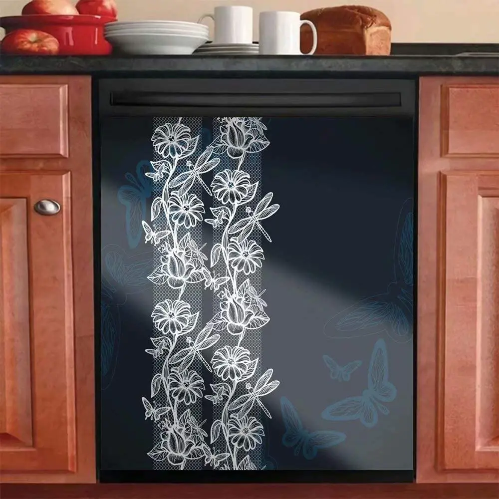 

Tup, Blue Simple Pattern of Aniaml Butterflies Dragonflies with Flowers Panel Decal Kitchen Decor Painting Magnetic Dishwasher D