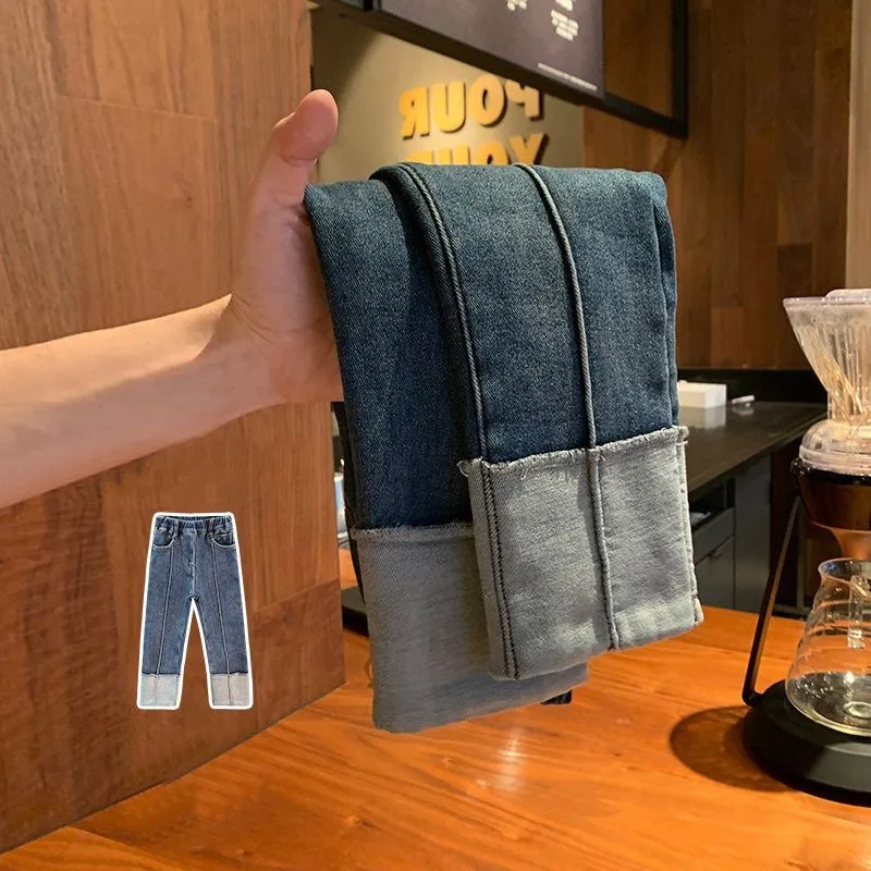 

2023 New One Piece Jeans Plush Girls Winter Straight Leg Pants Warm Fashion All-match Outdoor Elasticity