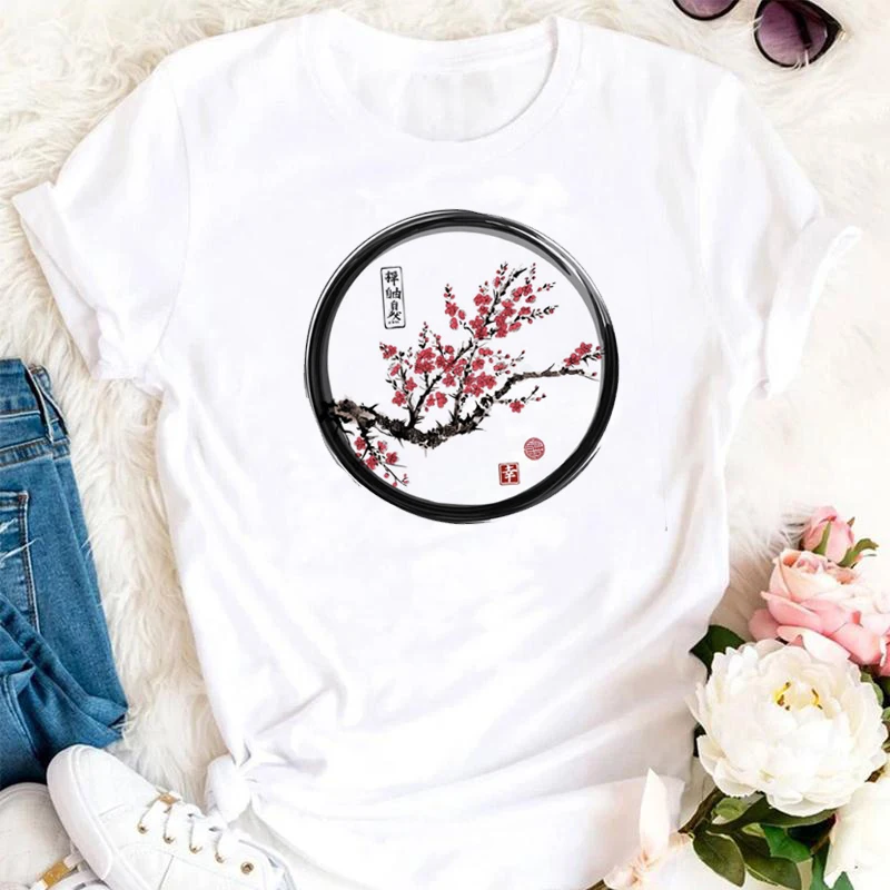 

2022 New Sakura Plum Cute T-shirt Women's Summer New White Casual Short Sleeve T-shirt Women's Kawaii Street T-shirt.