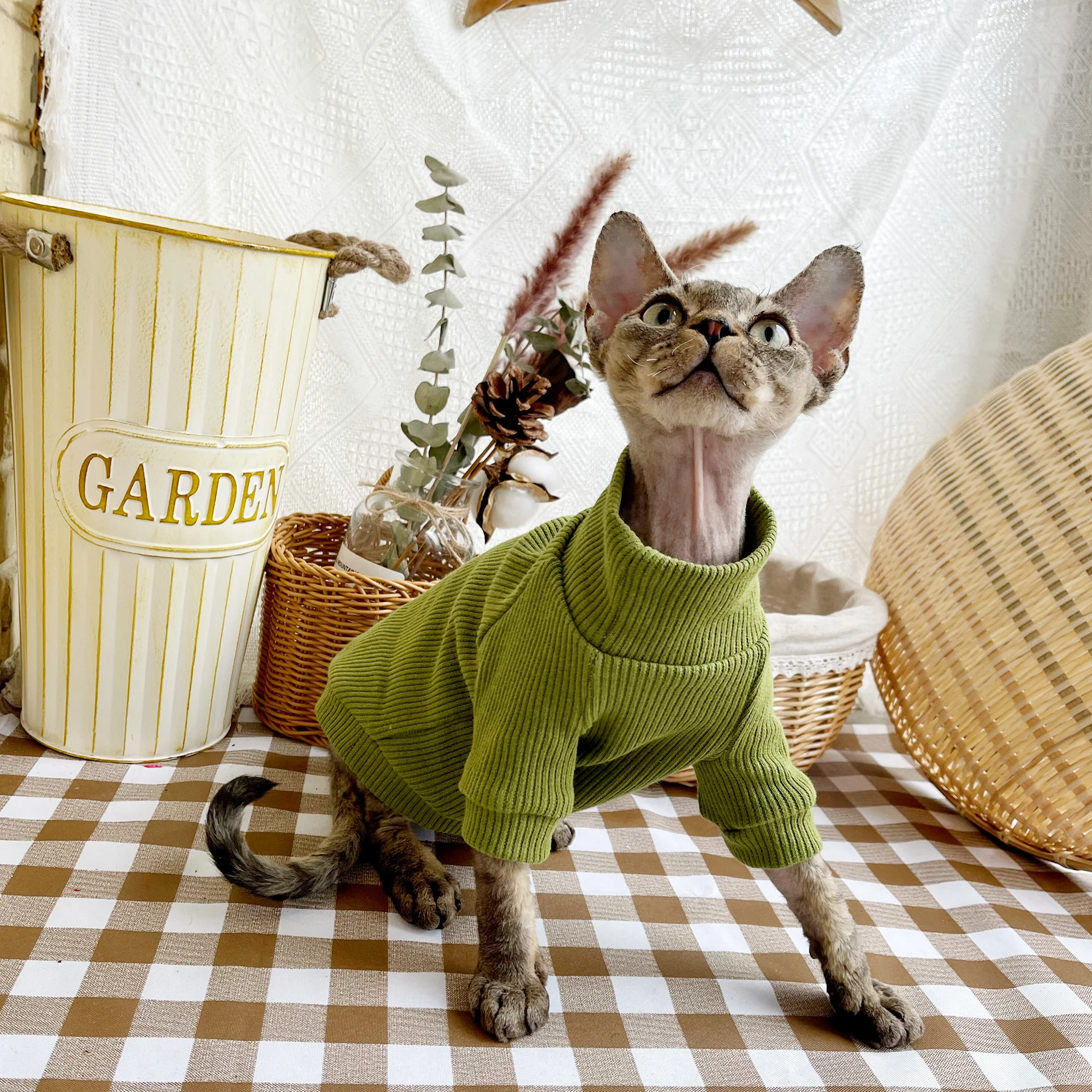 

Warm Cat Cloths Sphynx Sweatershirt Devon Rex Coat Fashion Green Soft Turtleneck Undershirt for Sphynx Cat Cotton Undercoat
