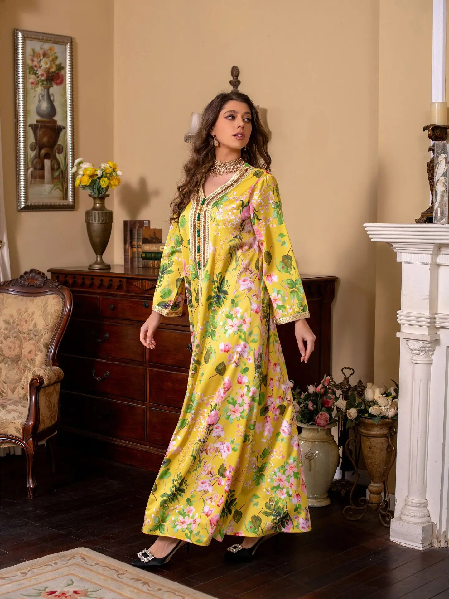 Dubai Muslim Fashion Gown Print Hot Diamond Dress Middle East Abaya Islamic Clothing Hijab V-neck Women Ropa Musulmana Mujer