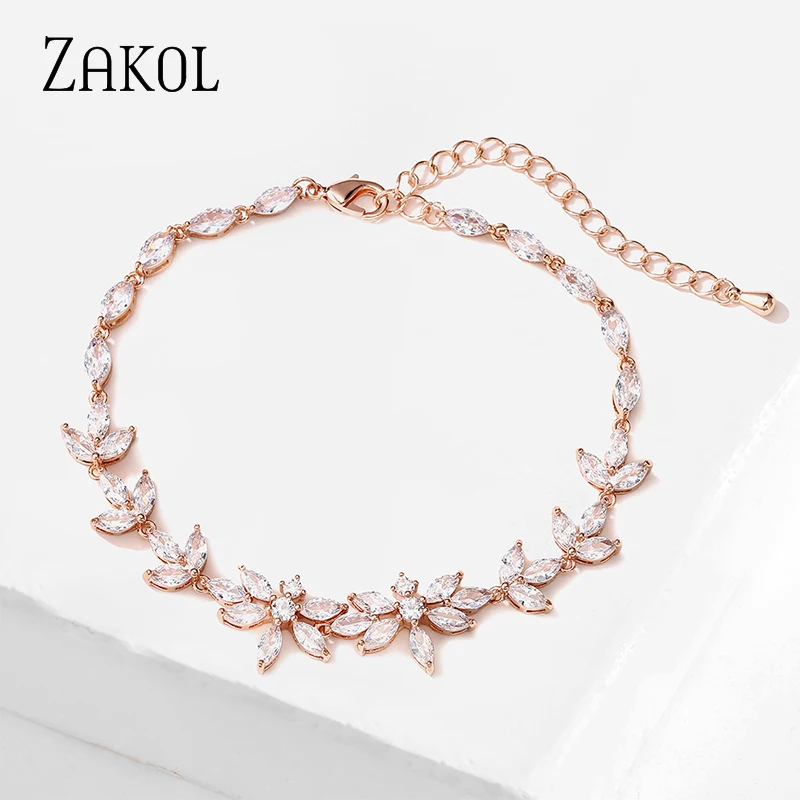 

ZAKOL New Luxury AAA Cubic Zirconia Flower Chain Link Bracelets & Bangles for Elegant Women Anniversary Wedding Design BP5024