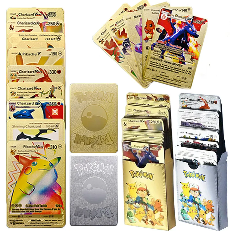 

54Pcs 27Pcs Metal Gold Silver Pokemon Cards English Version Charizard Pikachu Trainer Card Game Collection Battle Toy Child Gift