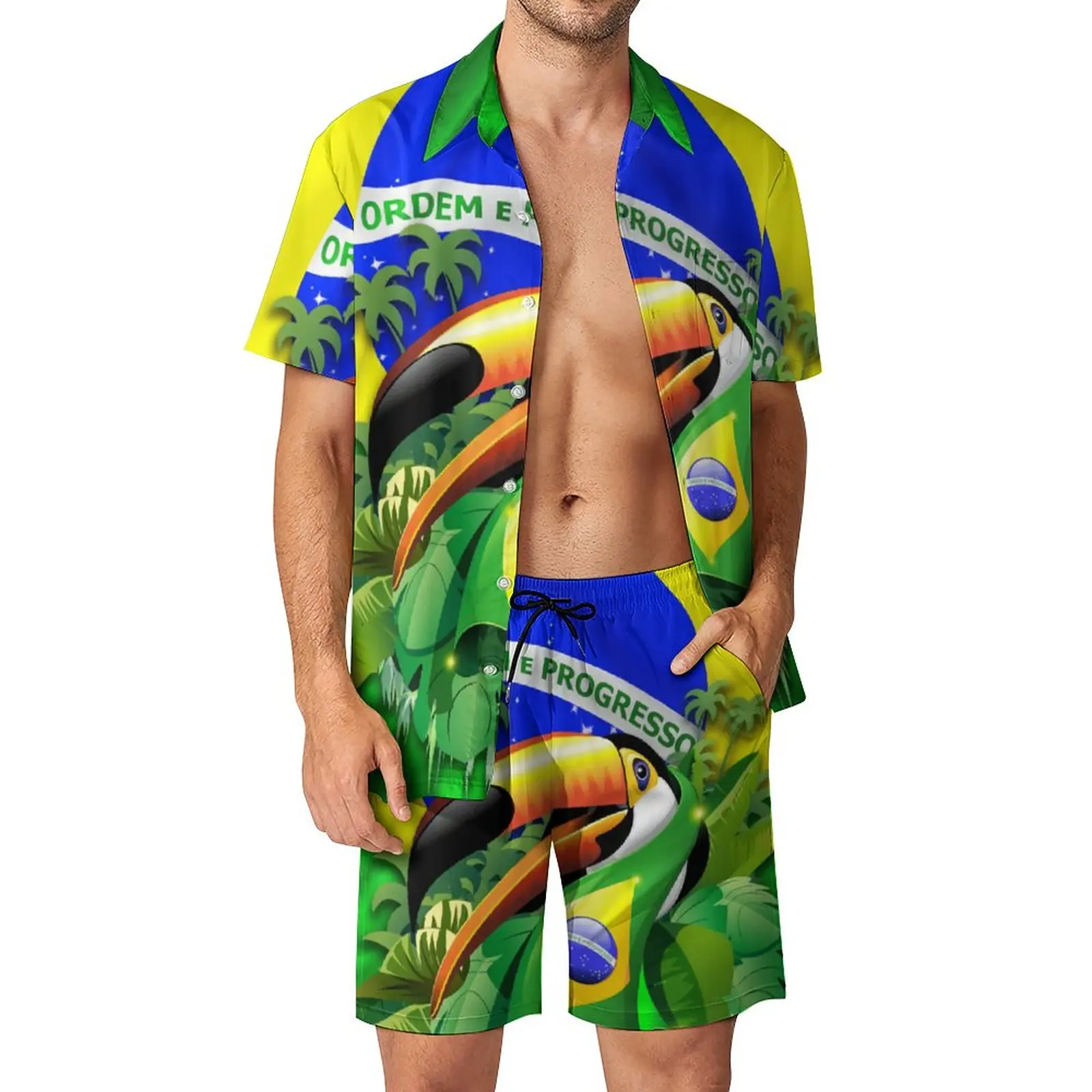 

Toco Toucan on Brazil Flag Men's Beach Suit Classic 2 Pieces Suit High Quality Swimming USA Size