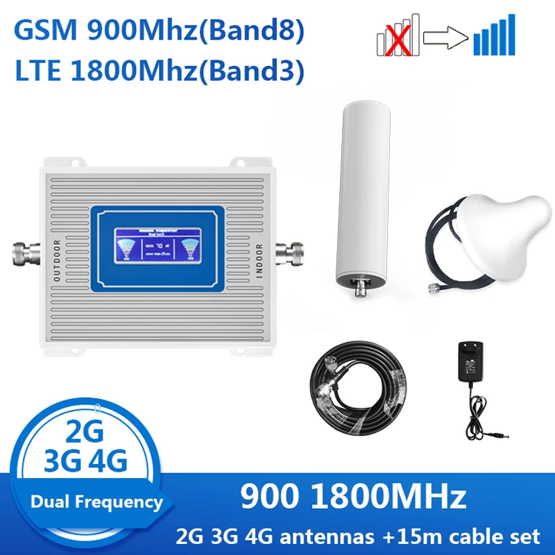 

2G 3G 4G LTE Phone Amplifier LCD Display GSM 900 UMTS 1800 mhz Dual Band Repeater Cellular Mobile Booster +LPDA /Ceiling Antenn